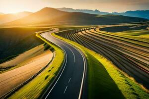 un devanado la carretera en el montañas con un puesta de sol. generado por ai foto