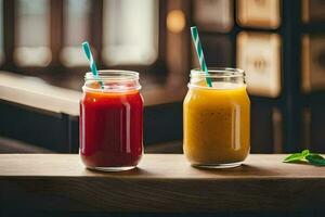 two mason jars with smoothies on a wooden table. AI-Generated photo