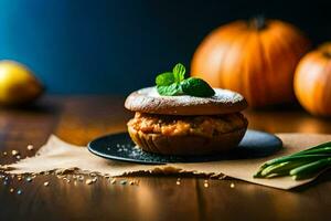 pumpkin bread with cheese and herbs on a plate. AI-Generated photo