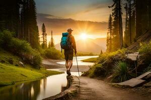 un hombre con un mochila y excursionismo polos camina a lo largo un camino en el bosque. generado por ai foto