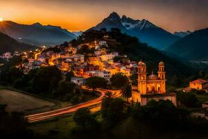 foto fondo de pantalla el cielo, montañas, atardecer, el aldea, el ciudad, el ciudad, el. generado por ai