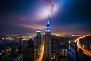 the empire state building is lit up in blue and white lights. AI-Generated photo