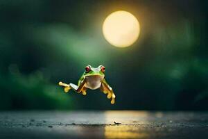a frog jumping in the air with a full moon in the background. AI-Generated photo