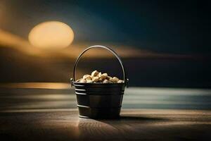 un Cubeta de nueces en un mesa en frente de un lleno Luna. generado por ai foto