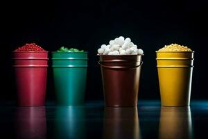 four different colored cups with candy in them. AI-Generated photo