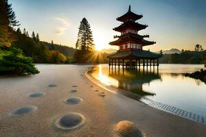el japonés pagoda en el puesta de sol. generado por ai foto