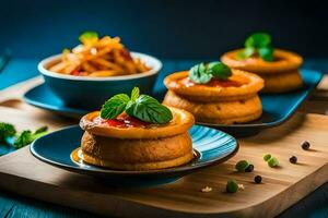 three small plates with food on them. AI-Generated photo