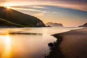 the sun is setting over a beach with rocks and water. AI-Generated photo