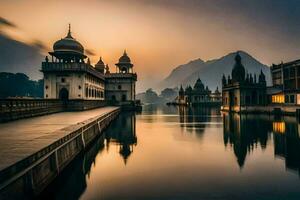 el Dom conjuntos terminado el lago en India. generado por ai foto