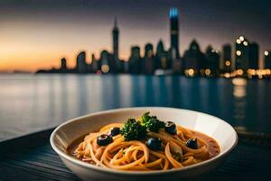 a bowl of pasta with a view of the chicago skyline. AI-Generated photo
