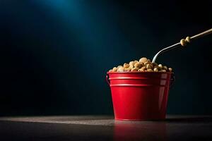 a spoon is in a red bucket filled with peanuts. AI-Generated photo