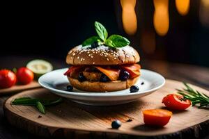 a hamburger with tomatoes and blueberries on a plate. AI-Generated photo