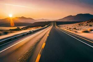 un largo tramo de la carretera en el Desierto a puesta de sol. generado por ai foto