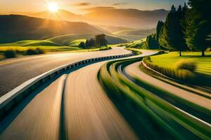 un la carretera con movimiento difuminar en el puesta de sol. generado por ai foto