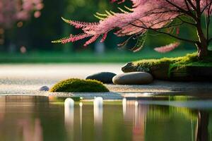 a pink tree is sitting on the shore of a lake. AI-Generated photo