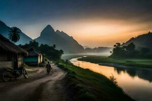 a man is riding his motorcycle along a dirt road in front of a hut. AI-Generated photo