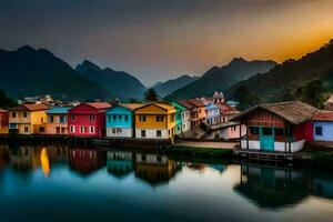 colorful houses on the banks of a river. AI-Generated photo