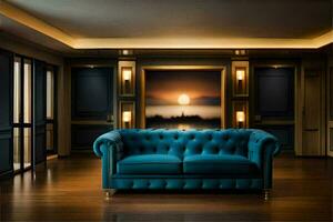 a blue sofa in a room with a large window. AI-Generated photo