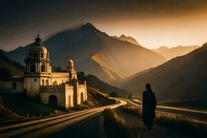 a man walks down a road in front of a church. AI-Generated photo