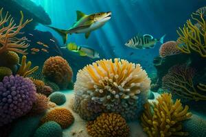 a shark swimming in the ocean with coral reefs and fish. AI-Generated photo