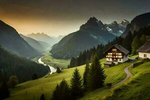 el casa en el montañas. generado por ai foto