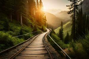 un tren pista en el montañas con arboles y montañas en el antecedentes. generado por ai foto