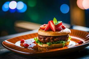 a hamburger with strawberries and a tomato on a plate. AI-Generated photo