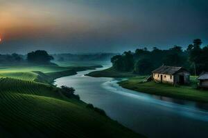 a house and a river in the countryside. AI-Generated photo