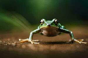 a frog is standing on the ground with its legs spread. AI-Generated photo