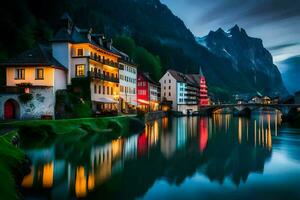 foto fondo de pantalla el cielo, montañas, agua, río, casas, ciudad, noche, Europa. generado por ai