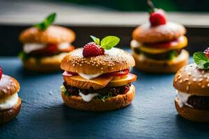 mini burgers with toppings on a black table. AI-Generated photo