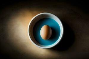 an egg in a bowl on a table. AI-Generated photo