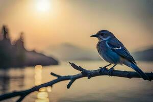 a blue bird sits on a branch near the water. AI-Generated photo