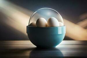 eggs in a blue bowl on a table. AI-Generated photo