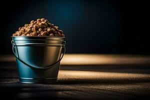 a bucket of peanuts on a dark table. AI-Generated photo