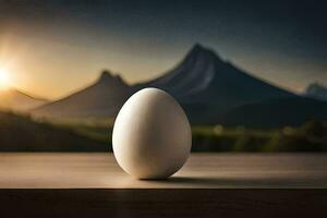 an egg sitting on a table in front of a mountain. AI-Generated photo