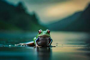 a frog sitting on the water with a mountain in the background. AI-Generated photo