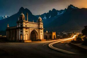 the mosque at dusk in the mountains. AI-Generated photo