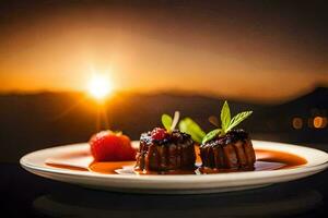 un postre en un plato con fresas y un puesta de sol en el antecedentes. generado por ai foto