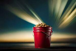 a red bucket filled with peanuts on a table. AI-Generated photo