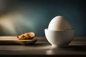 an egg in a cup on a table. AI-Generated photo