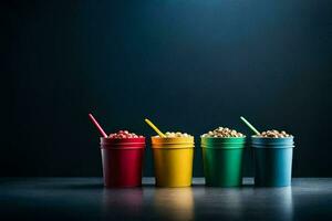 four colorful cups with different types of food. AI-Generated photo