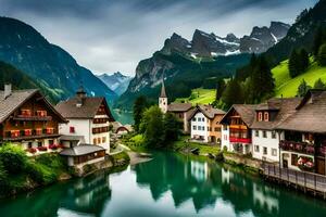 photo wallpaper mountains, water, houses, the alps, switzerland, the alps,. AI-Generated