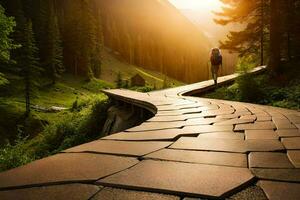 un persona caminando en un camino en el montañas. generado por ai foto