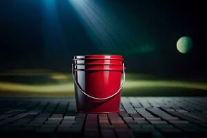 a red bucket sitting on a brick floor with a light shining on it. AI-Generated photo