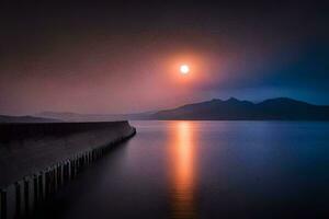 the moon rises over a lake and pier. AI-Generated photo