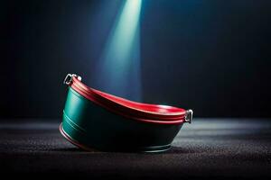 a red and green bucket on a black background. AI-Generated photo