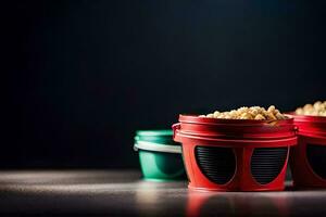 two buckets filled with popcorn on a dark table. AI-Generated photo