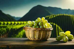 grapes in a basket on a table in a vineyard. AI-Generated photo
