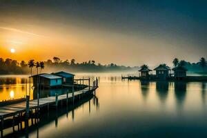 a beautiful sunrise over a lake with small wooden houses. AI-Generated photo